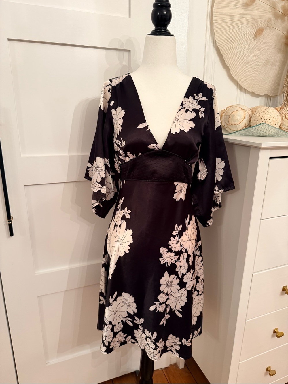 Black Floral V-Neck Satin Dress